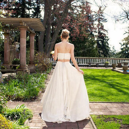 Two Piece Chiffon A-Line Wedding Dresses Spaghetti Straps Neck Open Back Sleeveless Sweep/Brush Train Beach Bride Gowns Pleats - ROYCEBRIDAL OFFICIAL STORE