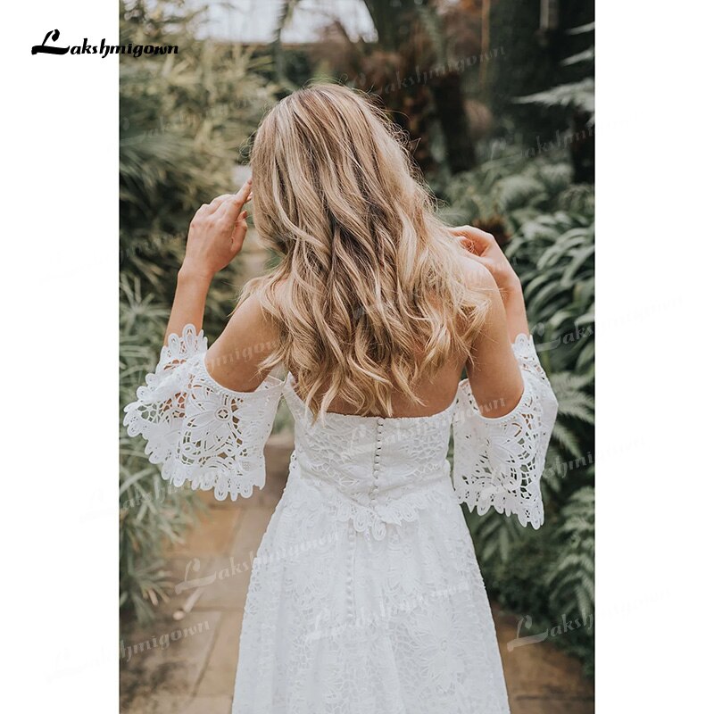 Two Piece  Boho Long Wedding Dresses Sweetheart Neck Appliques Floor-Length  Sweep Train Lace Short Sleeve vestidos de novia - ROYCEBRIDAL OFFICIAL STORE