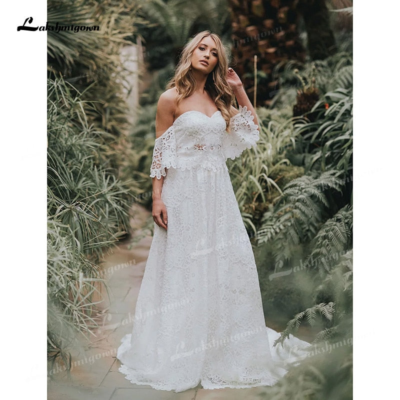 Two Piece  Boho Long Wedding Dresses Sweetheart Neck Appliques Floor-Length  Sweep Train Lace Short Sleeve vestidos de novia - ROYCEBRIDAL OFFICIAL STORE