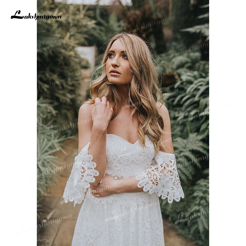 Two Piece  Boho Long Wedding Dresses Sweetheart Neck Appliques Floor-Length  Sweep Train Lace Short Sleeve vestidos de novia - ROYCEBRIDAL OFFICIAL STORE