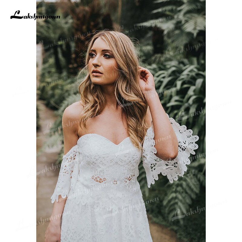 Two Piece  Boho Long Wedding Dresses Sweetheart Neck Appliques Floor-Length  Sweep Train Lace Short Sleeve vestidos de novia - ROYCEBRIDAL OFFICIAL STORE