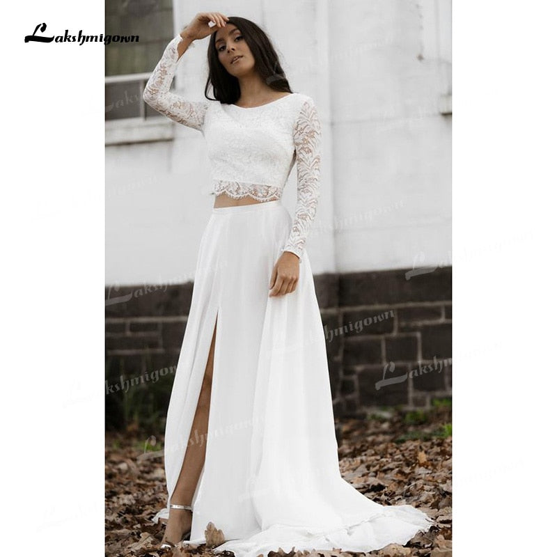 Two Piece A-Line Wedding Dresses Boat Neck Lace Corset Illusion Long Sleeve Sexy Open Back Sweep/Brush Train Chiffon Bride Gowns - ROYCEBRIDAL OFFICIAL STORE