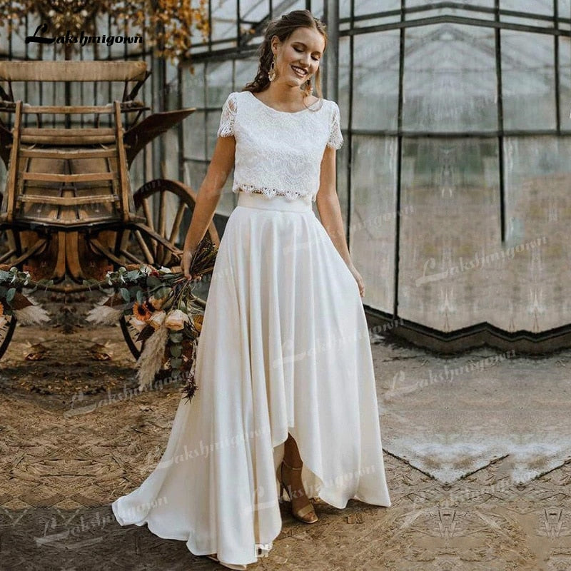 Two Pieces Wedding Dresses Lace Top Short Sleeve O-Neck Chiffon Floor-Length Sweep Train Beach Bridal Gowns Back Design Button - ROYCEBRIDAL OFFICIAL STORE