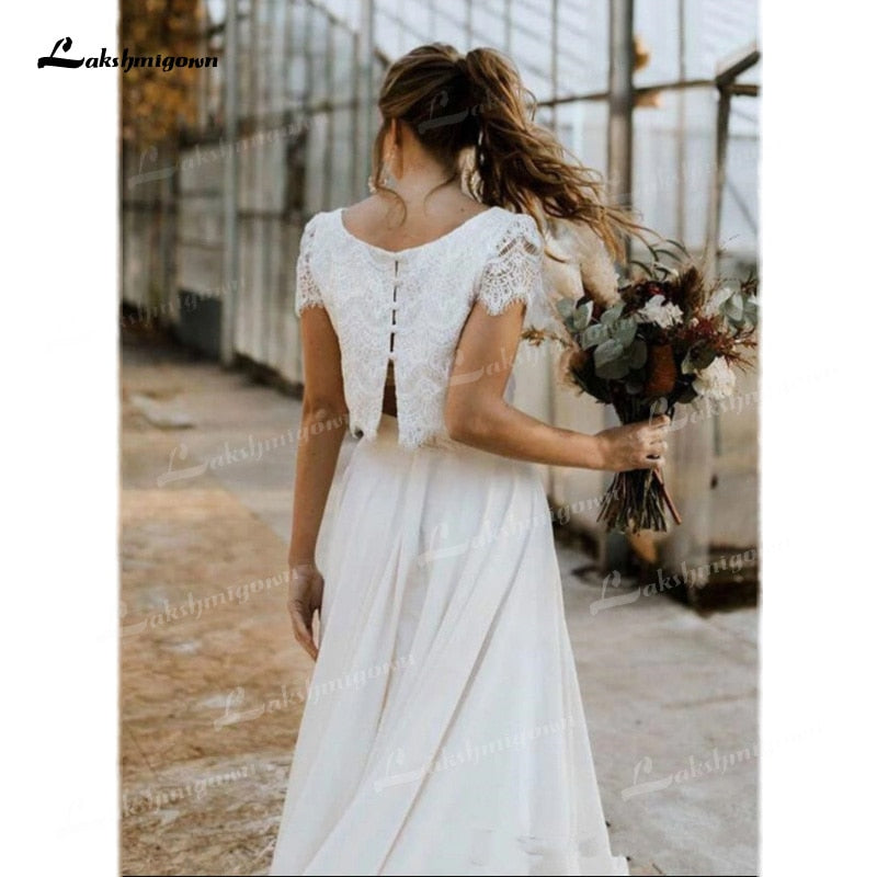 Two Pieces Wedding Dresses Lace Top Short Sleeve O-Neck Chiffon Floor-Length Sweep Train Beach Bridal Gowns Back Design Button - ROYCEBRIDAL OFFICIAL STORE