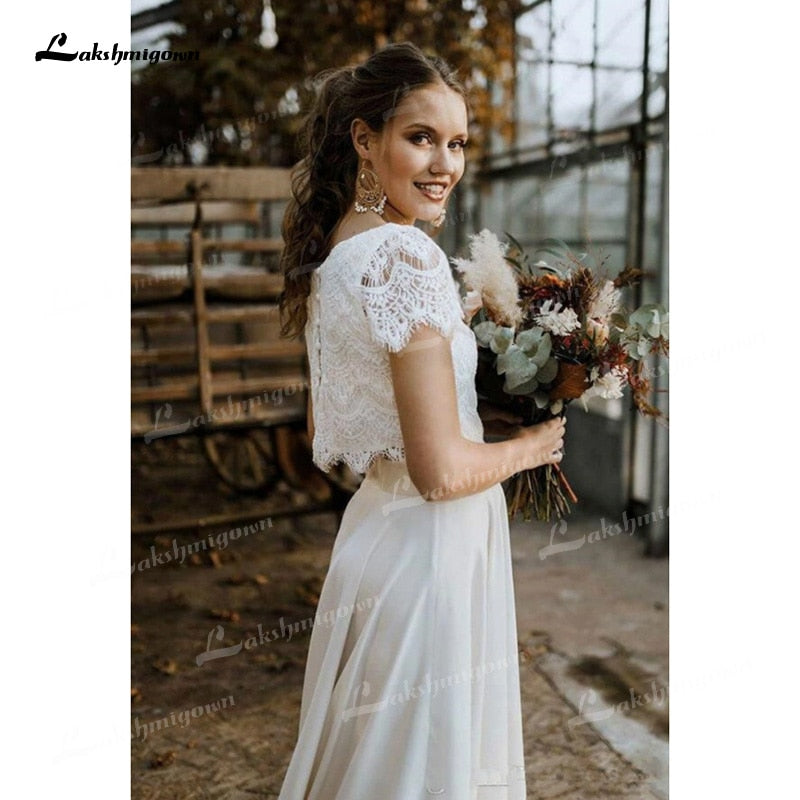 Two Pieces Wedding Dresses Lace Top Short Sleeve O-Neck Chiffon Floor-Length Sweep Train Beach Bridal Gowns Back Design Button - ROYCEBRIDAL OFFICIAL STORE