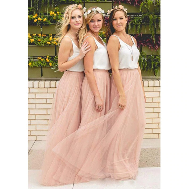 Cheap Two Tones Bridesmaid Dresses Tulle White and Blush Blue Prom Dresses Maxi Skirt Party Gown Wedding Guest Dress - ROYCEBRIDAL OFFICIAL STORE