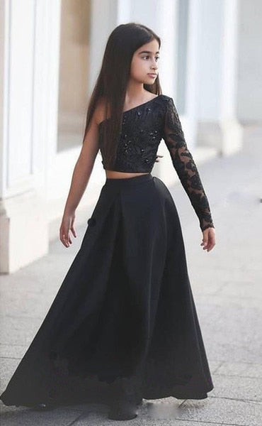 Girls Pageant Dresses Black One Shoulder Long Sleeve Two Piece Kids Prom Dresses A Line Beaded Sexy Flower Girl Arabic robe - ROYCEBRIDAL OFFICIAL STORE