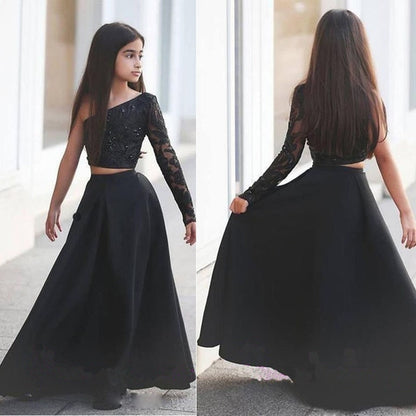 Girls Pageant Dresses Black One Shoulder Long Sleeve Two Piece Kids Prom Dresses A Line Beaded Sexy Flower Girl Arabic robe - ROYCEBRIDAL OFFICIAL STORE