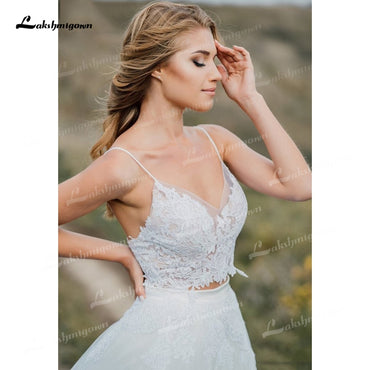 Two Piece Tulle A-Line Boho Wedding Dresses V-Neck Spaghetti Straps Backless Sleeveless Chapel Train Bride Gowns Appliques Pleat - ROYCEBRIDAL OFFICIAL STORE