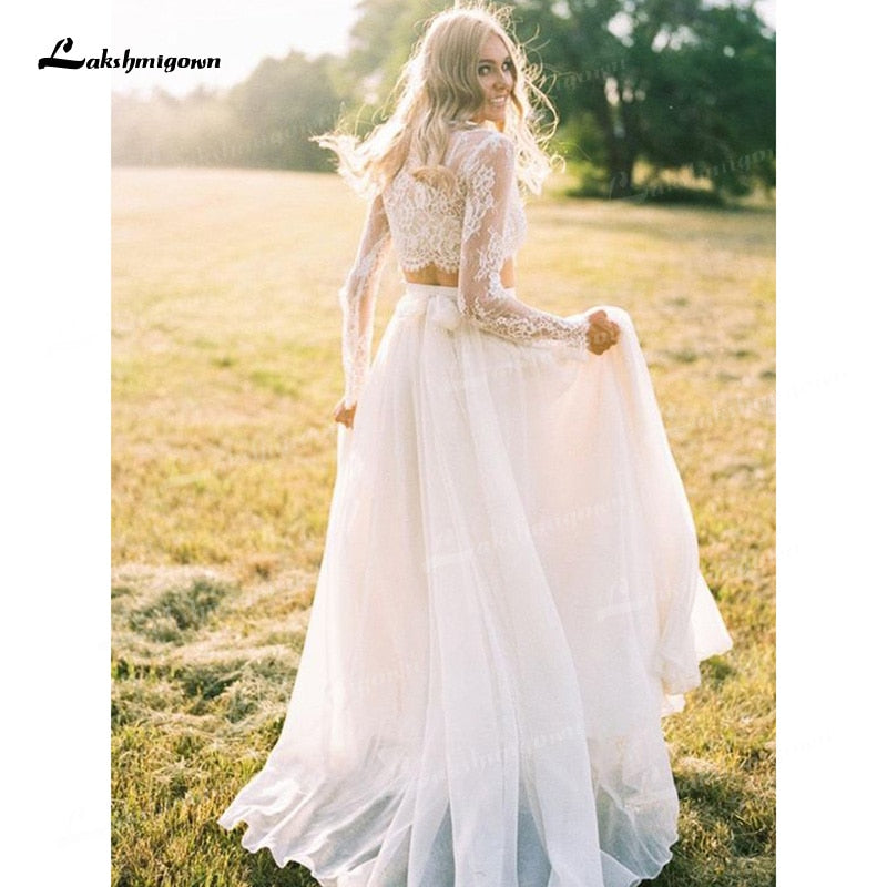 Boho&Fashion A Line Two Piece O Neck Long Sleeves Lace Wedding Dresses Floor-Length Zipper-up Ivory Illusion vestidos de novia - ROYCEBRIDAL OFFICIAL STORE