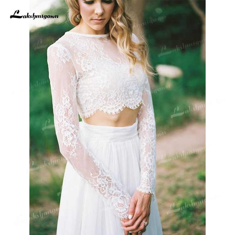 Boho&Fashion A Line Two Piece O Neck Long Sleeves Lace Wedding Dresses Floor-Length Zipper-up Ivory Illusion vestidos de novia - ROYCEBRIDAL OFFICIAL STORE