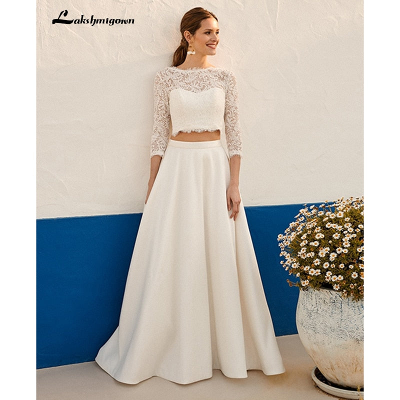 Lakshmigown Bohemian Two Pieces Wedding Dresses Lace Top Jewel Neck Holiday Country Beach Bride Gown Vestidos De Novia - ROYCEBRIDAL OFFICIAL STORE