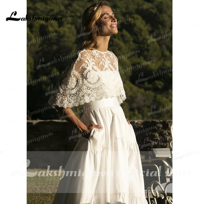 Spaghetti Straps Two Pieces Satin Lace Detachable Shawl Wedding Dresses With Back Buttons Simple Elegant vestidos de novia 2021 - ROYCEBRIDAL OFFICIAL STORE