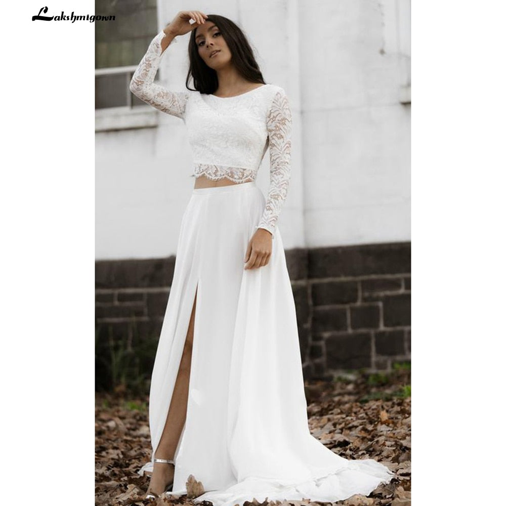 Casual Long Sleeve Two Piece Chiffon Lace Bateau Wedding Dress With Split Front Bridal Gown Robe De Mariée Lakshmigown - ROYCEBRIDAL OFFICIAL STORE