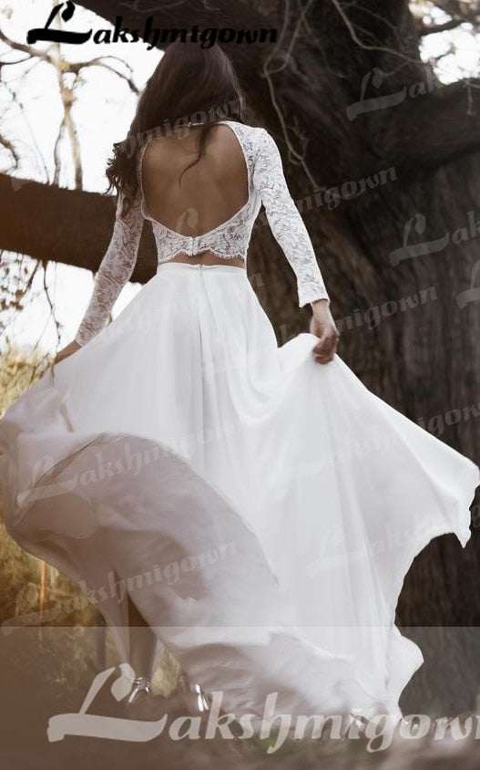 Casual Long Sleeve Two Piece Chiffon Lace Bateau Wedding Dress With Split Front Bridal Gown Robe De Mariée Lakshmigown - ROYCEBRIDAL OFFICIAL STORE