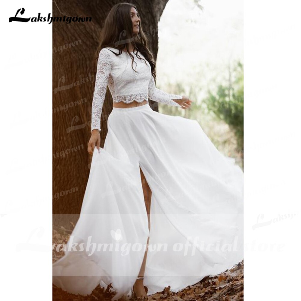 Casual Long Sleeve Two Piece Chiffon Lace Bateau Wedding Dress With Split Front Bridal Gown Robe De Mariée Lakshmigown - ROYCEBRIDAL OFFICIAL STORE