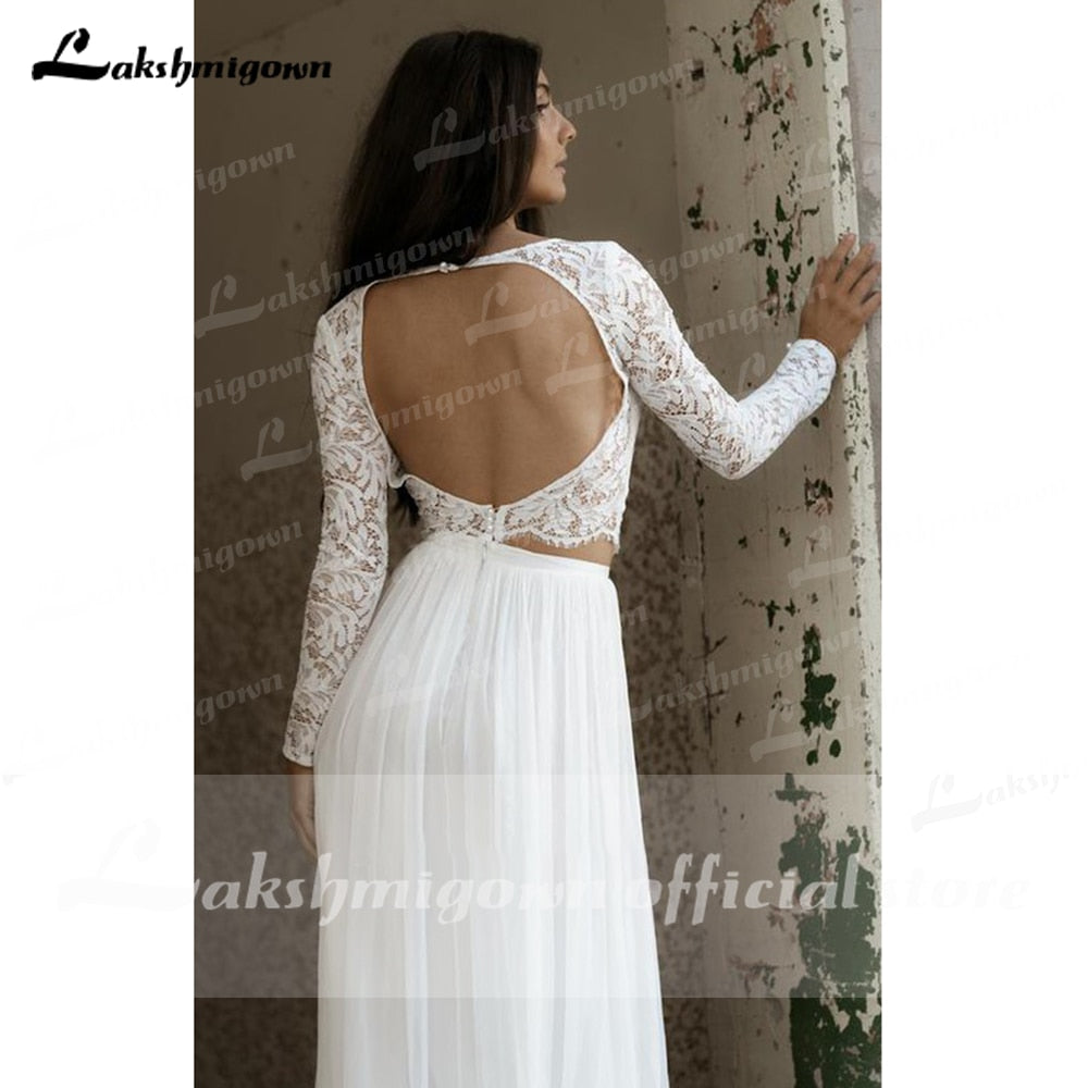 Casual Long Sleeve Two Piece Chiffon Lace Bateau Wedding Dress With Split Front Bridal Gown Robe De Mariée Lakshmigown - ROYCEBRIDAL OFFICIAL STORE