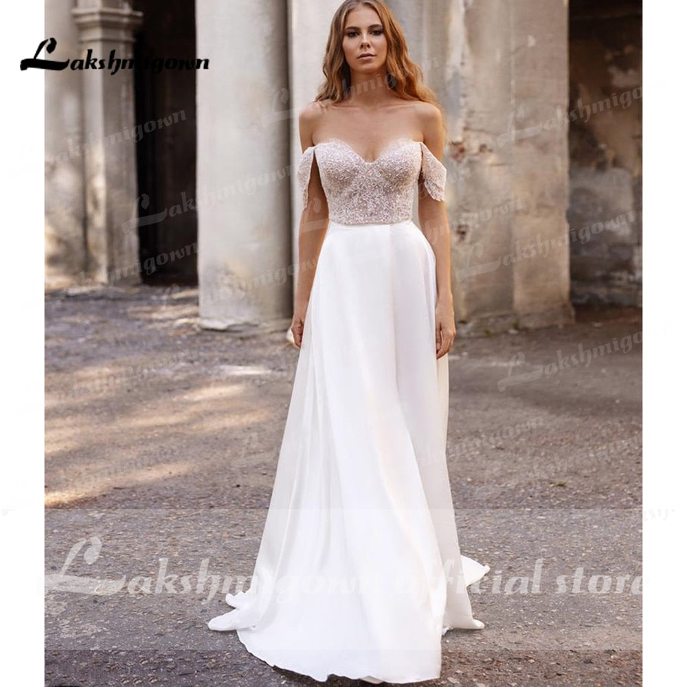 suknie weselne 2021 Newest Two Pieces High Split Off The Shoulder Wedding Dresses With Back Buttons vestidos de mujer boda - ROYCEBRIDAL OFFICIAL STORE