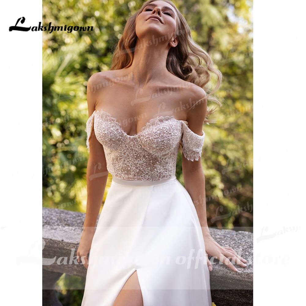 suknie weselne 2021 Newest Two Pieces High Split Off The Shoulder Wedding Dresses With Back Buttons vestidos de mujer boda - ROYCEBRIDAL OFFICIAL STORE