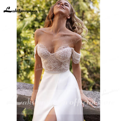 suknie weselne 2021 Newest Two Pieces High Split Off The Shoulder Wedding Dresses With Back Buttons vestidos de mujer boda - ROYCEBRIDAL OFFICIAL STORE