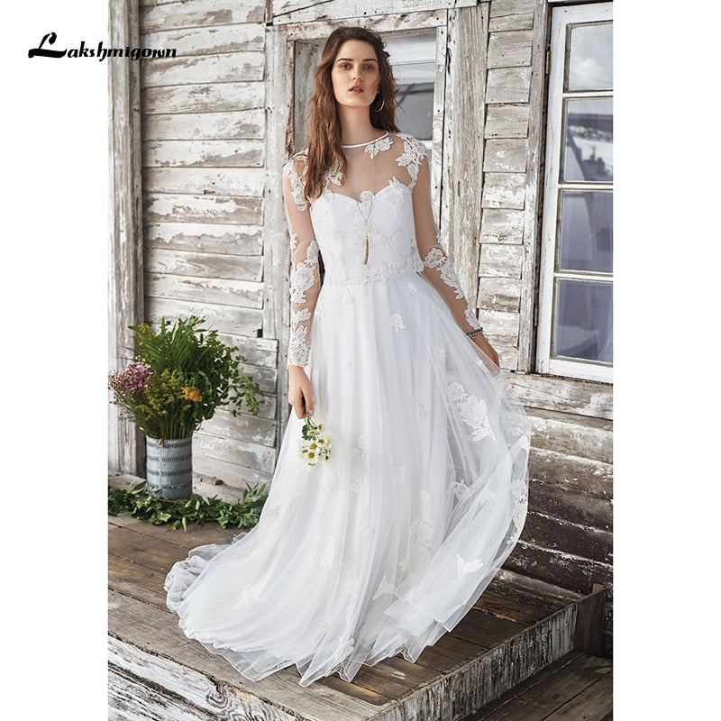 White Wedding Dress Boho Two Pieces Sexy 2021 Bridal Gown Sleeveless Floor Length With Court Train Lace Appliques Elegant - ROYCEBRIDAL OFFICIAL STORE