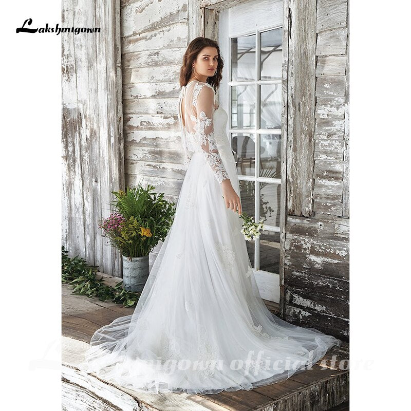 White Wedding Dress Boho Two Pieces Sexy 2021 Bridal Gown Sleeveless Floor Length With Court Train Lace Appliques Elegant - ROYCEBRIDAL OFFICIAL STORE