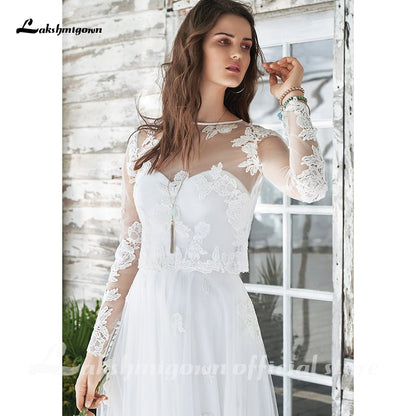 White Wedding Dress Boho Two Pieces Sexy 2021 Bridal Gown Sleeveless Floor Length With Court Train Lace Appliques Elegant - ROYCEBRIDAL OFFICIAL STORE