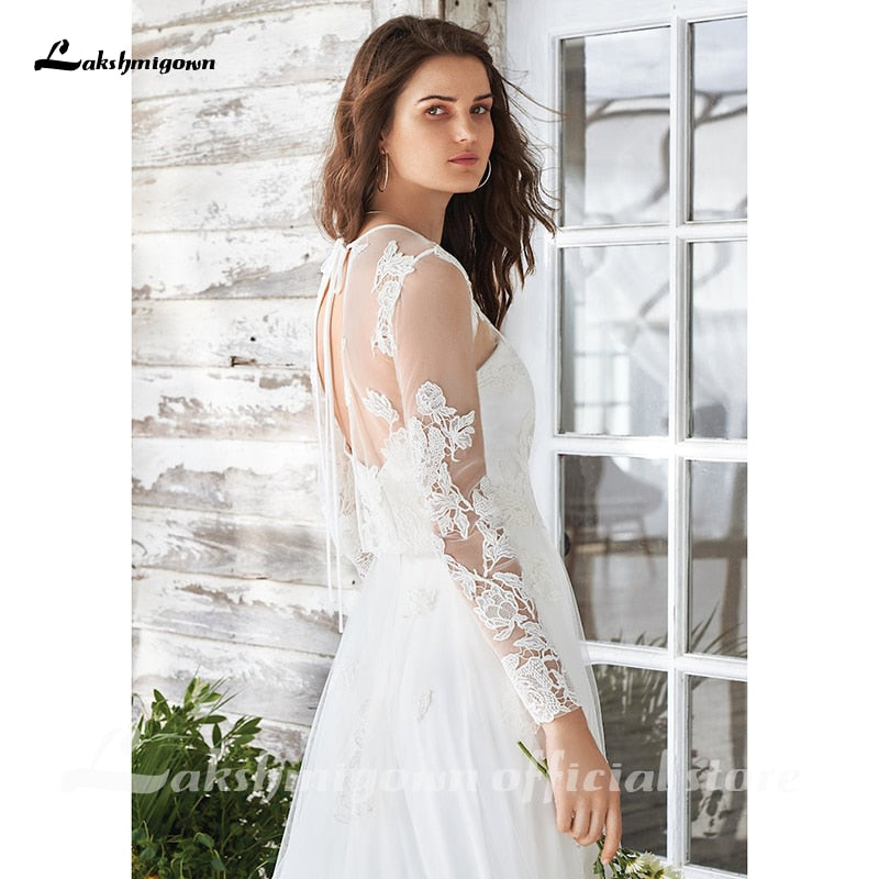 White Wedding Dress Boho Two Pieces Sexy 2021 Bridal Gown Sleeveless Floor Length With Court Train Lace Appliques Elegant - ROYCEBRIDAL OFFICIAL STORE