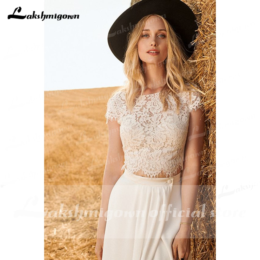 Two pieces Lace Boho Wedding Dress 2021 Abito da Sposa Side Slit Princess Bridal Reception Gown Summer Beach Wedding Dresses - ROYCEBRIDAL OFFICIAL STORE