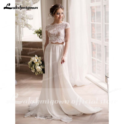 Two pieces Lace Boho Wedding Dress 2021 Abito da Sposa Side Slit Princess Bridal Reception Gown Summer Beach Wedding Dresses - ROYCEBRIDAL OFFICIAL STORE