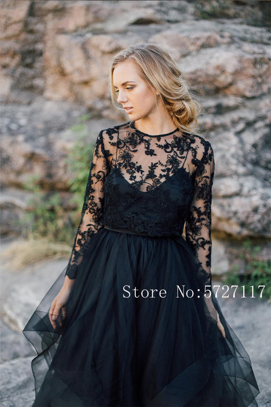 Roycebridal Scoop Long Sleeves A-line Outdoor Black Wedding Dress with Removable Lace Jacket Bridal Dress vestido de novia corto