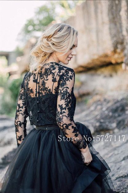 Roycebridal Scoop Long Sleeves A-line Outdoor Black Wedding Dress with Removable Lace Jacket Bridal Dress vestido de novia corto