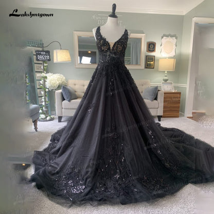 Gorgeous Black Wedding Dress with V neckline Sequins Lace Gothic Wedding Gown Custom Made robe de mariee noire gothique 2022 - ROYCEBRIDAL OFFICIAL STORE