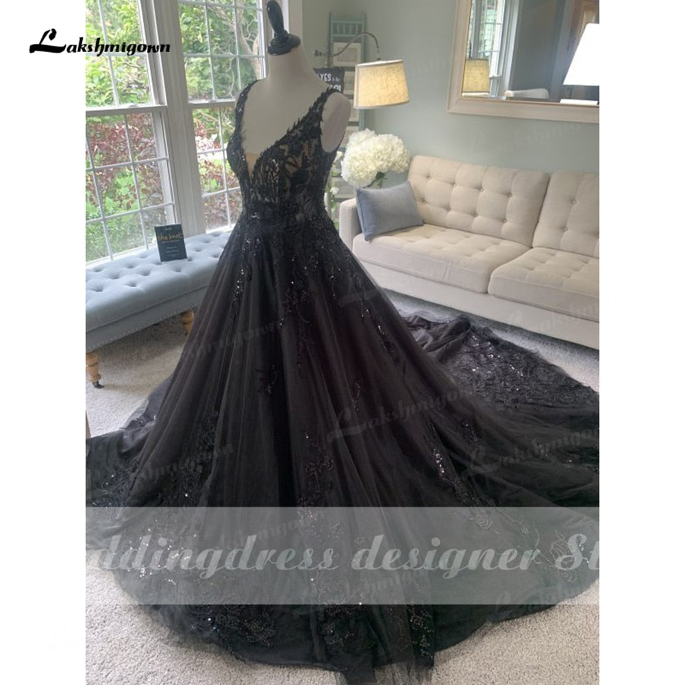 Gorgeous Black Wedding Dress with V neckline Sequins Lace Gothic Wedding Gown Custom Made robe de mariee noire gothique 2022 - ROYCEBRIDAL OFFICIAL STORE