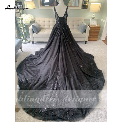 Gorgeous Black Wedding Dress with V neckline Sequins Lace Gothic Wedding Gown Custom Made robe de mariee noire gothique 2022 - ROYCEBRIDAL OFFICIAL STORE