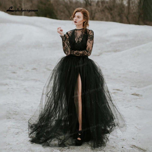 2022 Gothic Wedding Dresses with Long Sleeve O Neck Backless A Line Sexy High Slit Black Bridal Gowns Vestido de noiva preto got - ROYCEBRIDAL OFFICIAL STORE