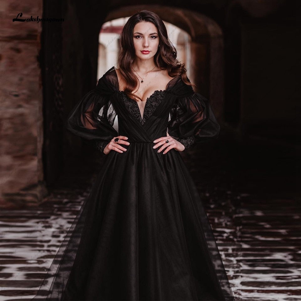 Lakshmigown Black Dress Women Puffy Long Sleeve Wedding Gowns 2022 Vestido Longo Festa Sweetheart Beaded Gothic Bridal Dresses - ROYCEBRIDAL OFFICIAL STORE