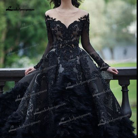 Gothic Black A-Line Wedding Dresses Illusion Sexy O-Neck Long Sleeve Court Train Bride Gowns Appliques Feathers Beading Tulle - ROYCEBRIDAL OFFICIAL STORE