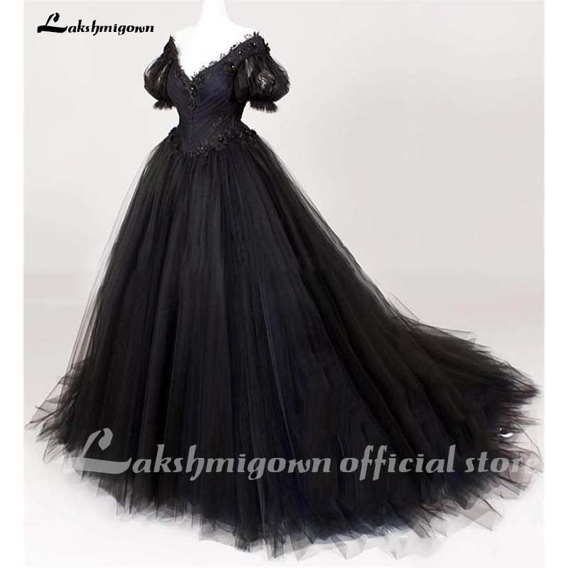 Gothic Black Plus Size Wedding Dresses 2021 A Line Short Sleeves Vintage Lace Arabic African Country Beach Cheap Wedding Bridal - ROYCEBRIDAL OFFICIAL STORE