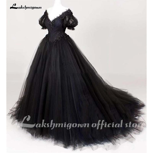 Gothic Black Plus Size Wedding Dresses 2021 A Line Short Sleeves Vintage Lace Arabic African Country Beach Cheap Wedding Bridal - ROYCEBRIDAL OFFICIAL STORE