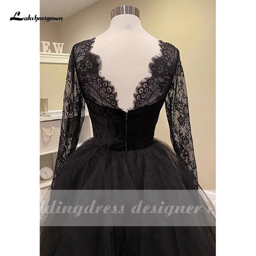 Lakshmigown Sexy Lace Black Wedding Dresses with Long Sleeve vestido de novia Boho Gothic Tulle Wedding Gown Outdoor Country - ROYCEBRIDAL OFFICIAL STORE