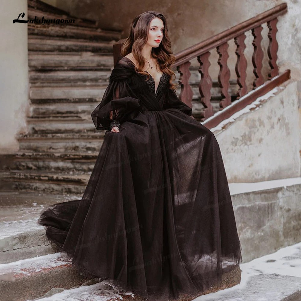 Fantasy Black Wedding Dresses with Long Sleeves Winter Solstice Elopement Gothic Bridal Gown for Halloween Witchy Vestido Novia - ROYCEBRIDAL OFFICIAL STORE