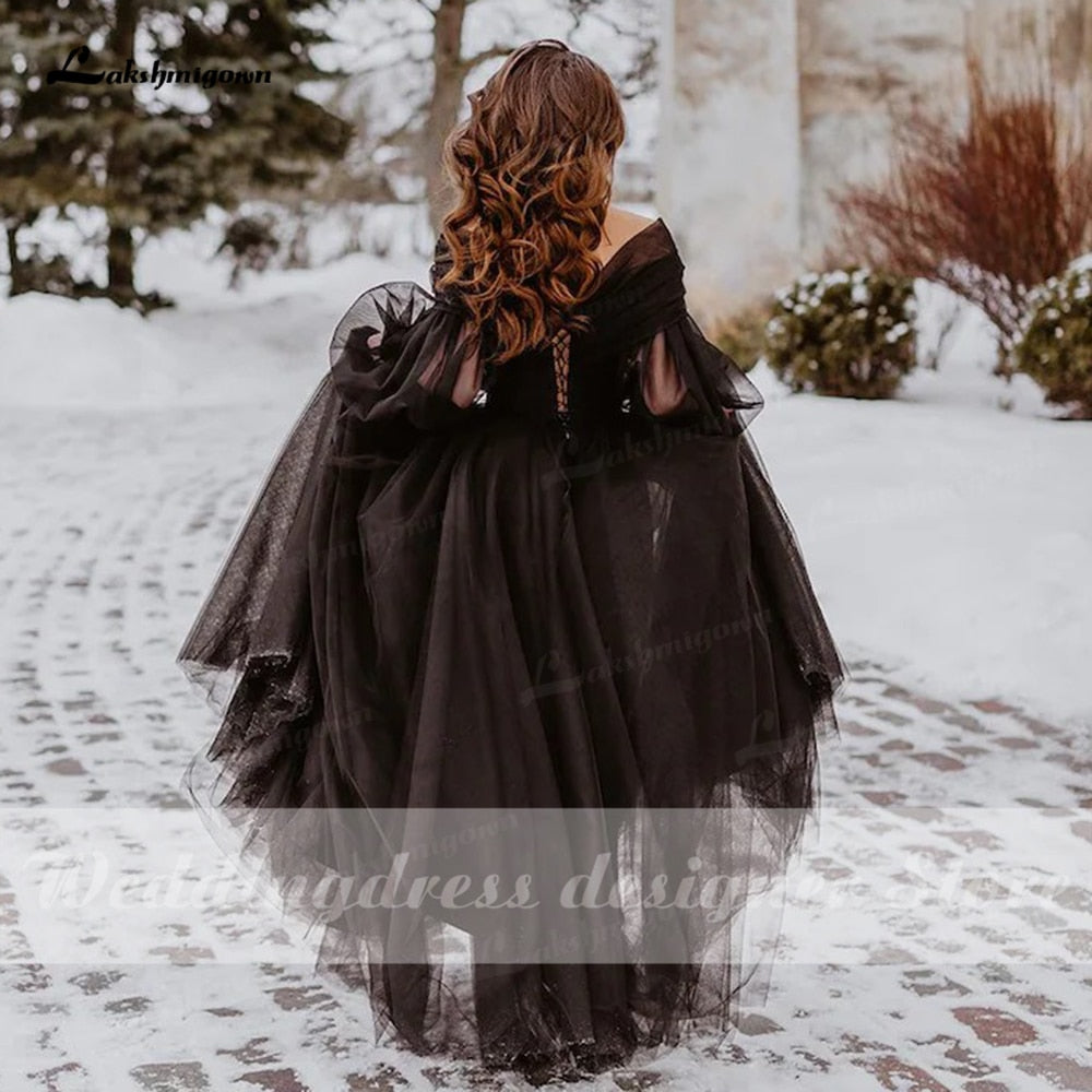 Fantasy Black Wedding Dresses with Long Sleeves Winter Solstice Elopement Gothic Bridal Gown for Halloween Witchy Vestido Novia - ROYCEBRIDAL OFFICIAL STORE