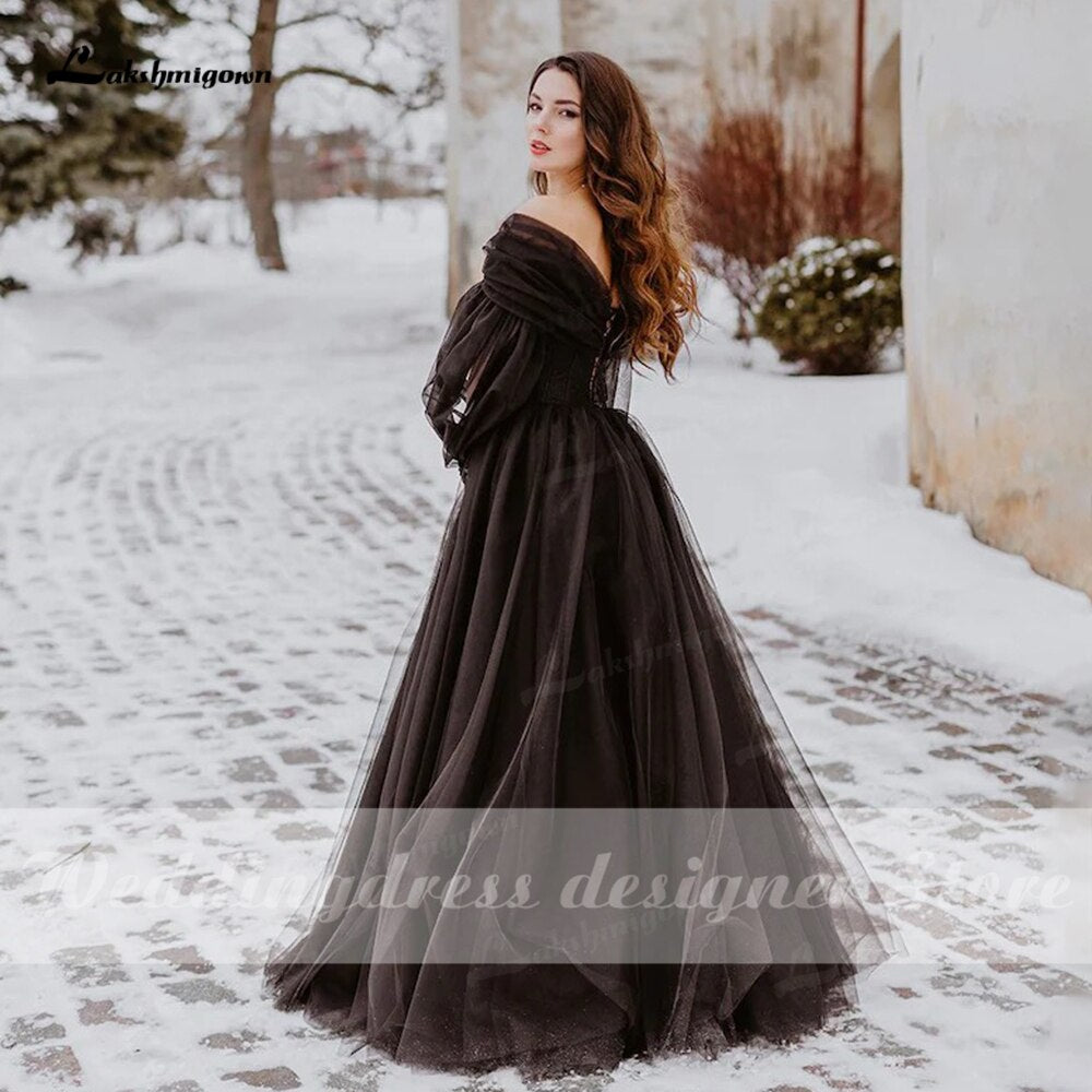 Fantasy Black Wedding Dresses with Long Sleeves Winter Solstice Elopement Gothic Bridal Gown for Halloween Witchy Vestido Novia - ROYCEBRIDAL OFFICIAL STORE