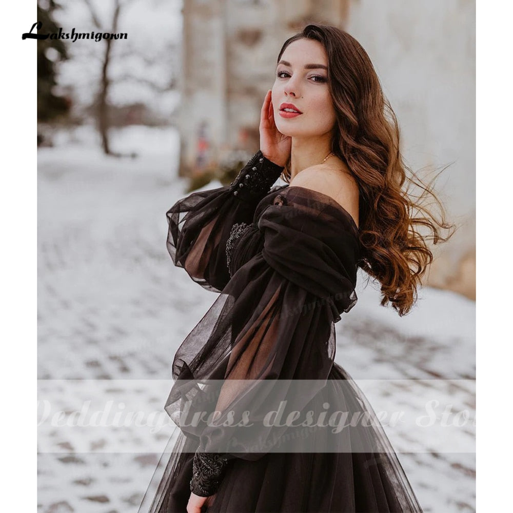 Fantasy Black Wedding Dresses with Long Sleeves Winter Solstice Elopement Gothic Bridal Gown for Halloween Witchy Vestido Novia - ROYCEBRIDAL OFFICIAL STORE