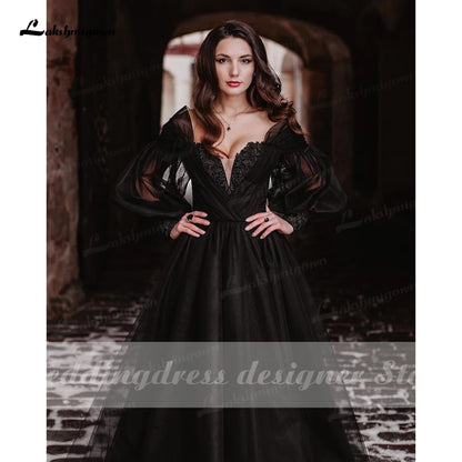 Fantasy Black Wedding Dresses with Long Sleeves Winter Solstice Elopement Gothic Bridal Gown for Halloween Witchy Vestido Novia - ROYCEBRIDAL OFFICIAL STORE