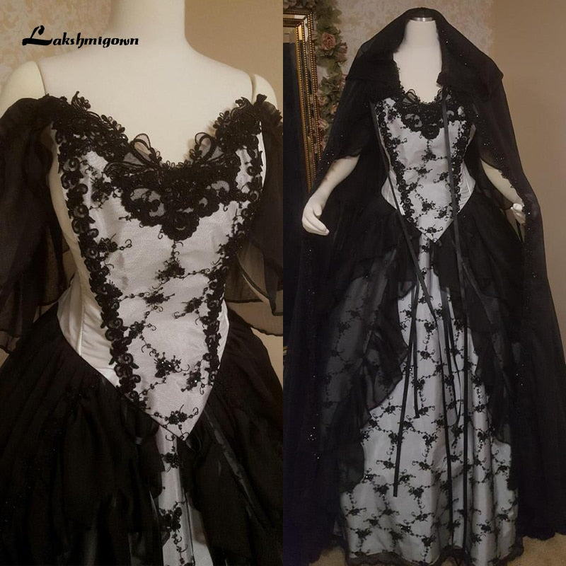 Lakshmigown Black Gothic Wedding Dresses with Cape Overskirt Double Chiffon Custom Gown with Flutter Sleeves Robe De Mariee - ROYCEBRIDAL OFFICIAL STORE