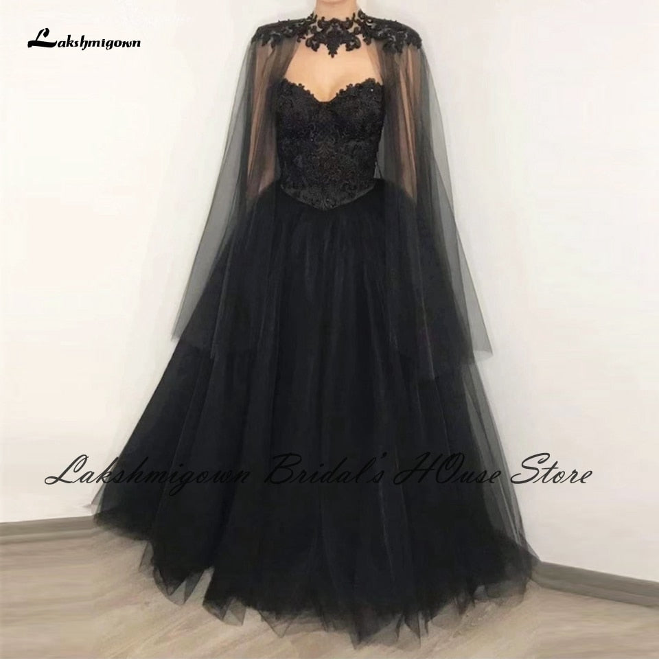 Lakshmigown Gothic Black Wedding Dress Corset Lace up Back 2022 Vestido Novia Civil Bridal Wedding Gown with Cape Floor Length - ROYCEBRIDAL OFFICIAL STORE