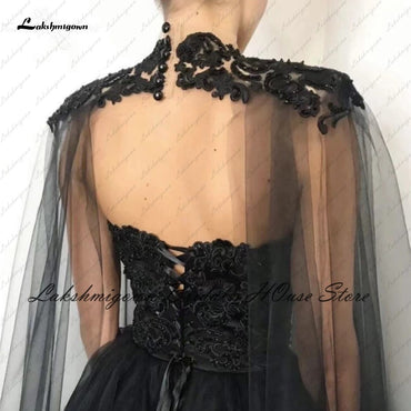 Lakshmigown Gothic Black Wedding Dress Corset Lace up Back 2022 Vestido Novia Civil Bridal Wedding Gown with Cape Floor Length - ROYCEBRIDAL OFFICIAL STORE