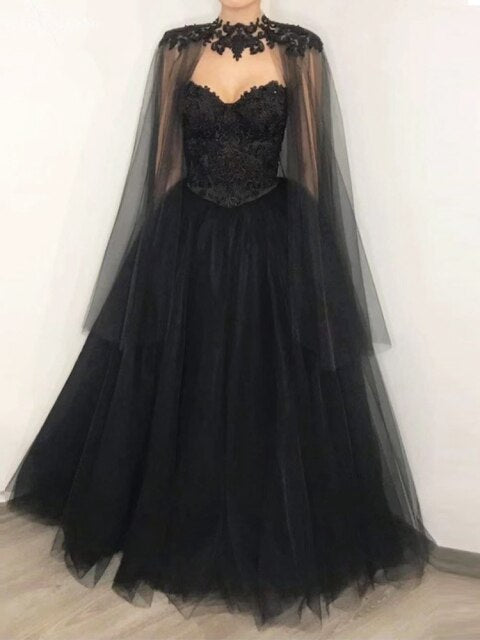 Lakshmigown Gothic Black Wedding Dress Corset Lace up Back 2022 Vestido Novia Civil Bridal Wedding Gown with Cape Floor Length - ROYCEBRIDAL OFFICIAL STORE